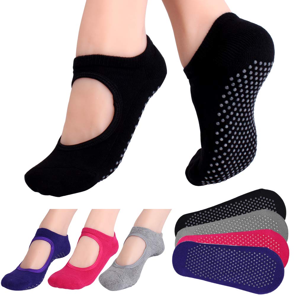 Hicdaw 4 Pairs Yoga Socks for Women Pilates Socks Non Slip Grip Socks for Pilates Ballet or Yoga Barefoot Workout Barre Socks