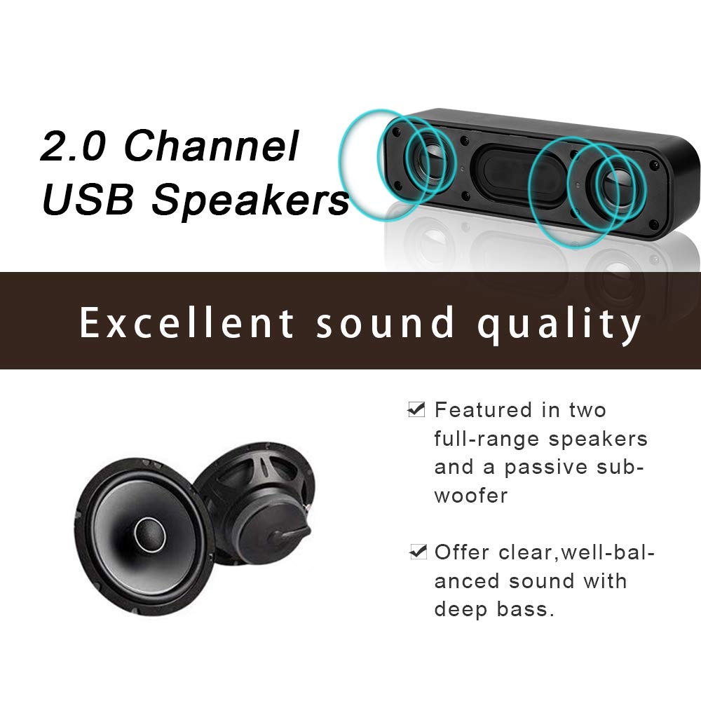 USB Computer Speaker,USB Powered Mini Soundbar Speaker,Laptop Stereo Speakers with Space Saving Design for Computer Laptop Desktop PC Dorm Offce Desk Restaurant