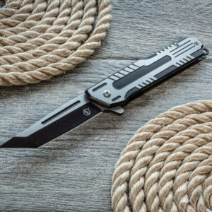 SE Spring Assisted Tanto Folding Knife with Black with Metal Machining Design - KFD20020-1