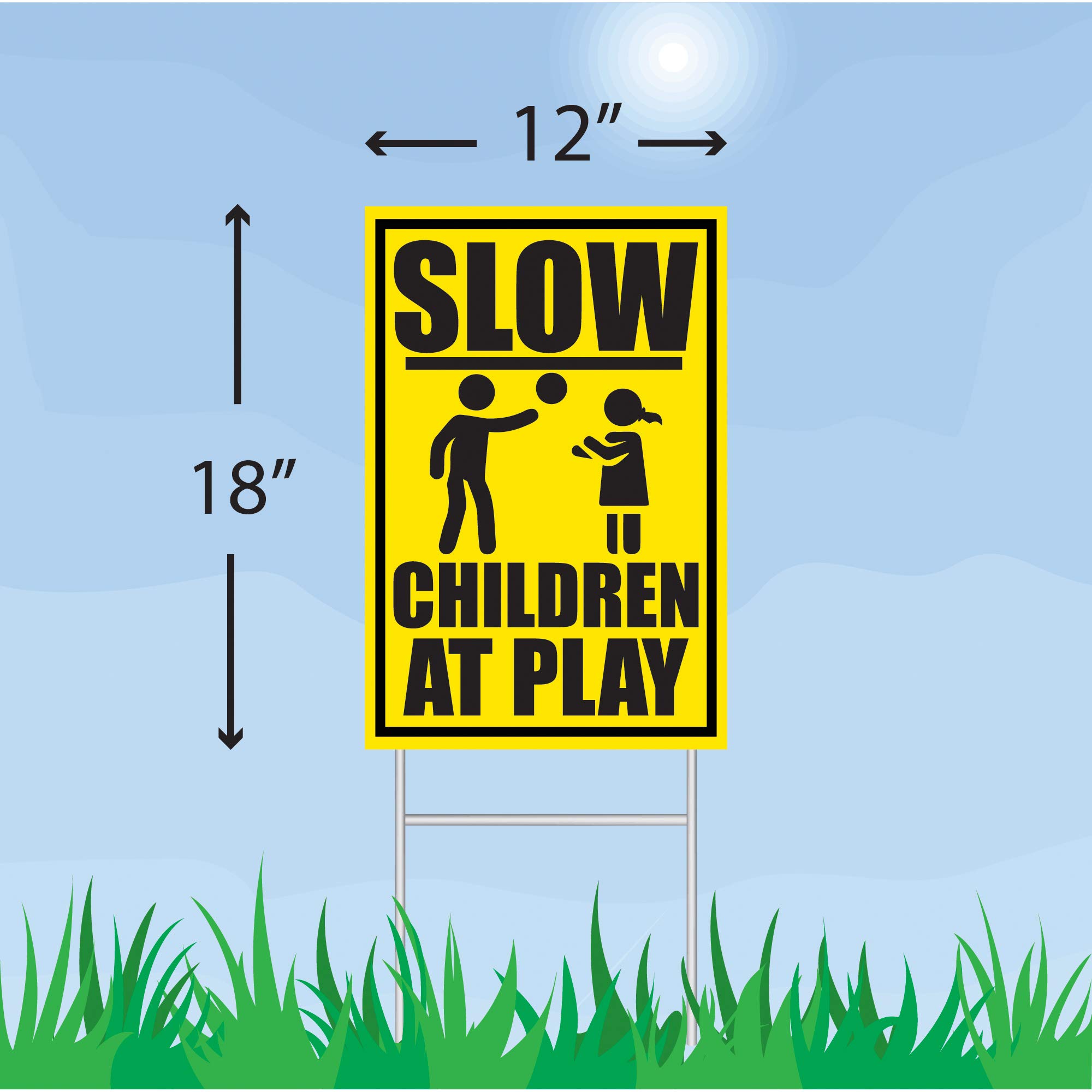 JekStar Slow Down Children at Play Caution Signs Set W/Stakes│Kids Playing Warning Traffic Sign for Neighborhood Streets│Unattended Children Safety Alert Sign Kit - 2 PK