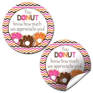 “donut know” teacher, staff, or employee appreciation thank you sticker labels, 40 2" party circle stickers by amandacreation, great for envelope seals & gift bags