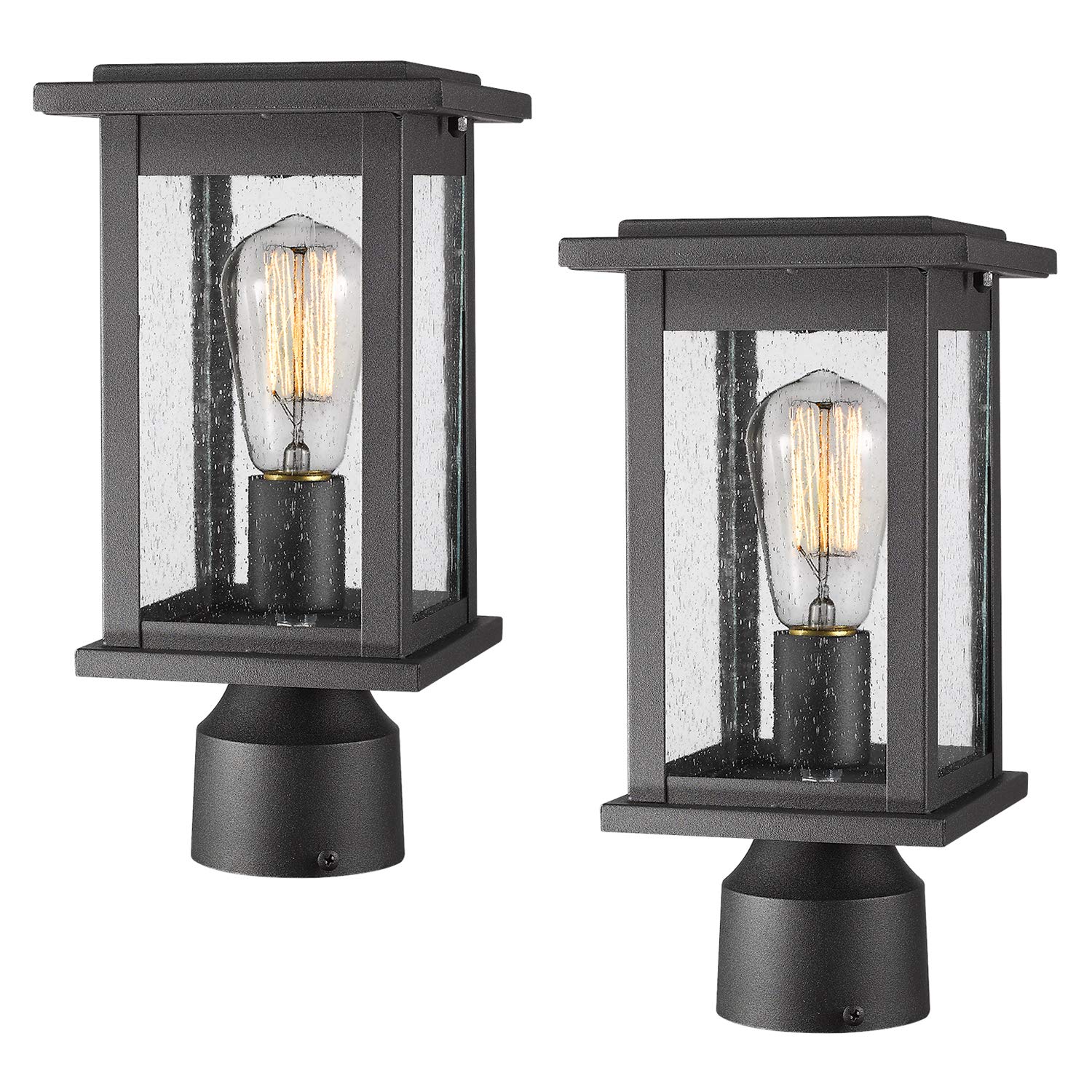 Emliviar Outdoor Post Light Fixtures 2 Pack, Exterior Pillar Light in Black Finish with Seeded Glass, 1803EW1-P-2PK