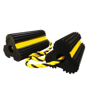 roblock heavy duty wheel chocks, rubber wheel block non-slip base with nylon rope yellow reflective tape - 1 pair black, wheel stoppers for travel trailers, rv, aircraft, car, camper, truck