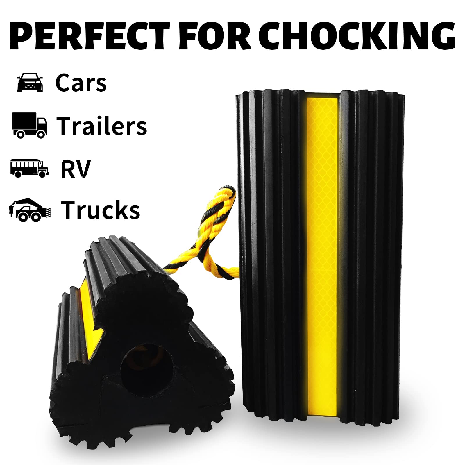 ROBLOCK Heavy Duty Wheel Chocks, Rubber Wheel Block Non-Slip Base with Nylon Rope Yellow Reflective Tape - 1 Pair Black, Wheel Stoppers for Travel Trailers, RV, Aircraft, Car, Camper, Truck