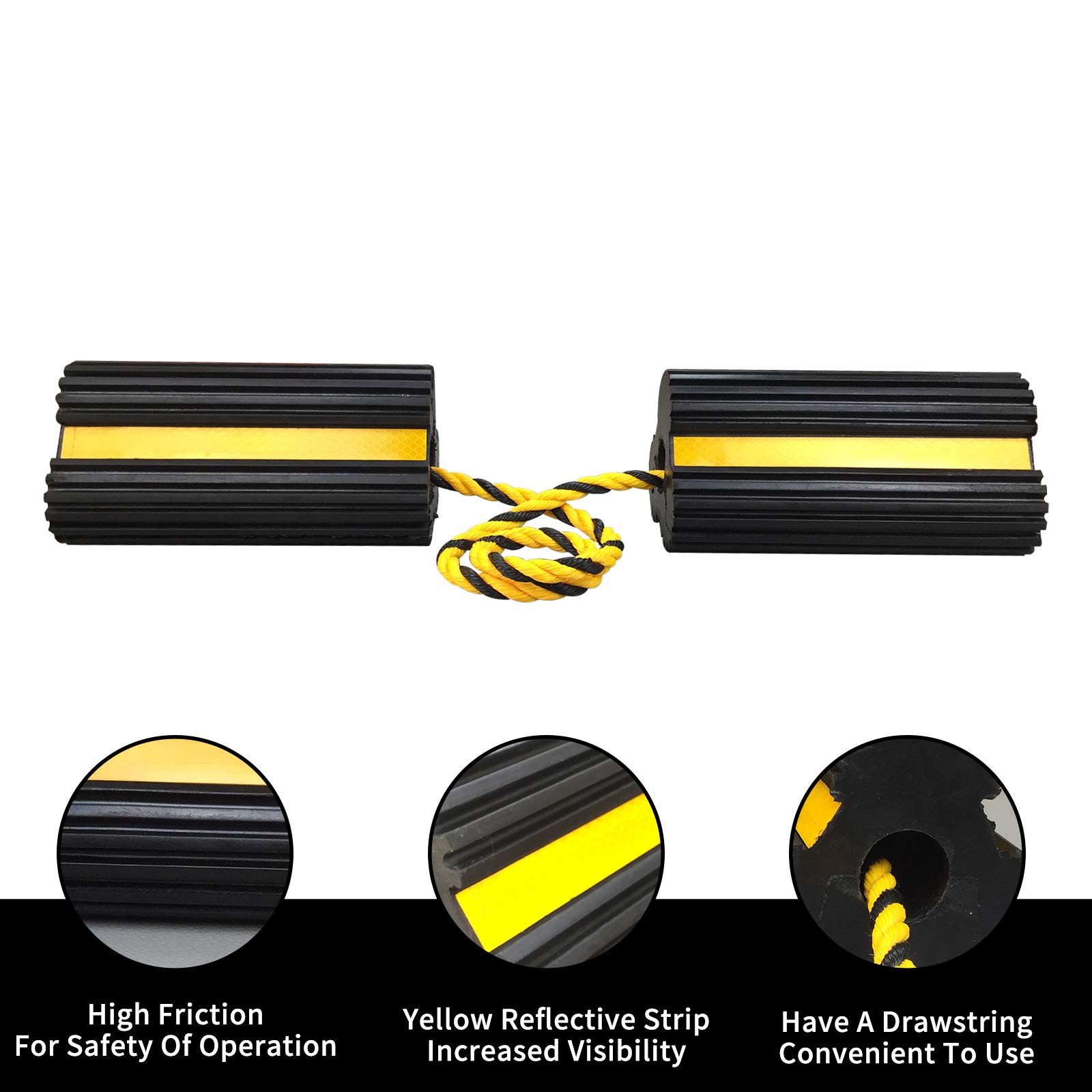 ROBLOCK Heavy Duty Wheel Chocks, Rubber Wheel Block Non-Slip Base with Nylon Rope Yellow Reflective Tape - 1 Pair Black, Wheel Stoppers for Travel Trailers, RV, Aircraft, Car, Camper, Truck