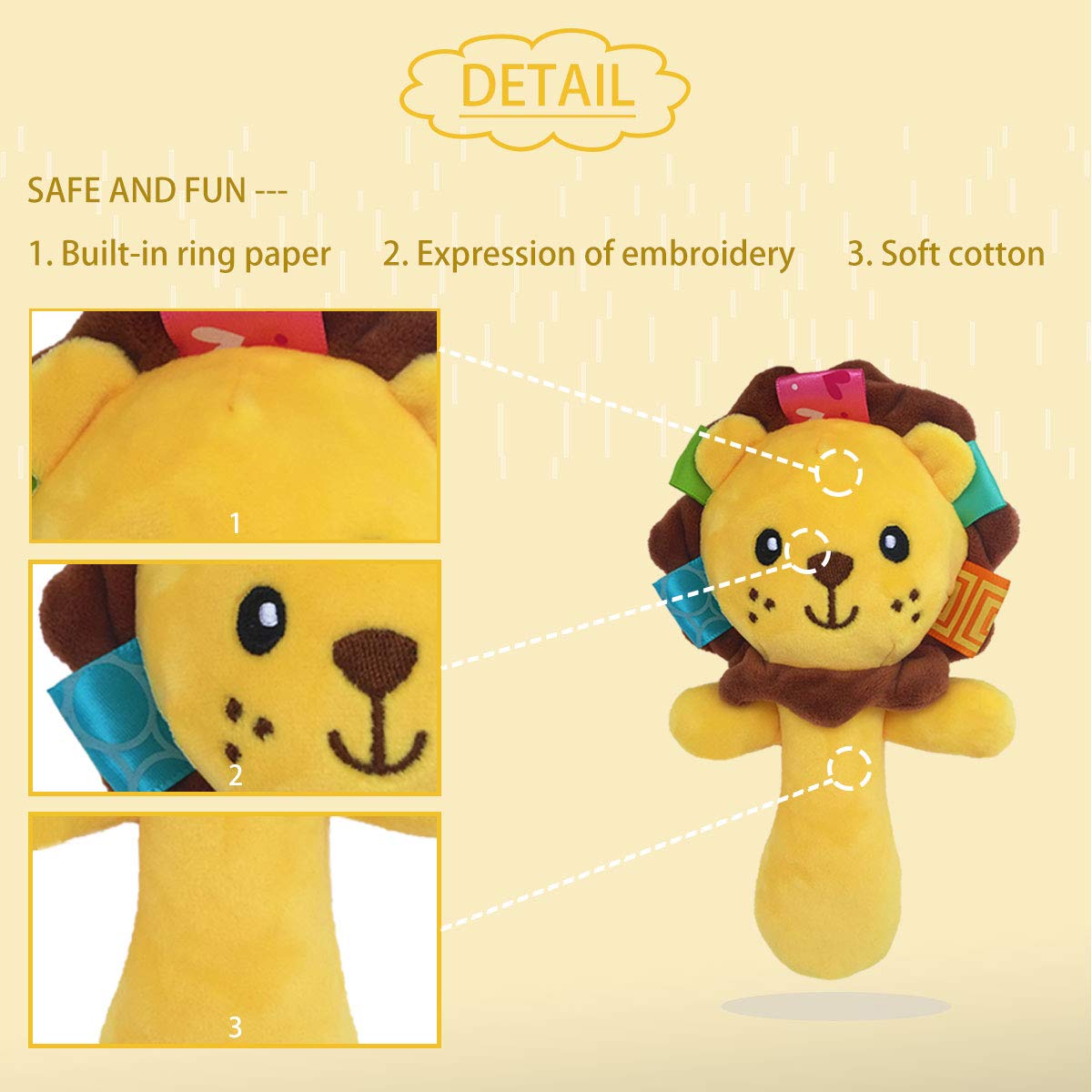 Soft Baby Rattle Toys Plush Stuffed Animal Hand Rattles for Toddlers Girls Boys Development Infant Toys-Lion