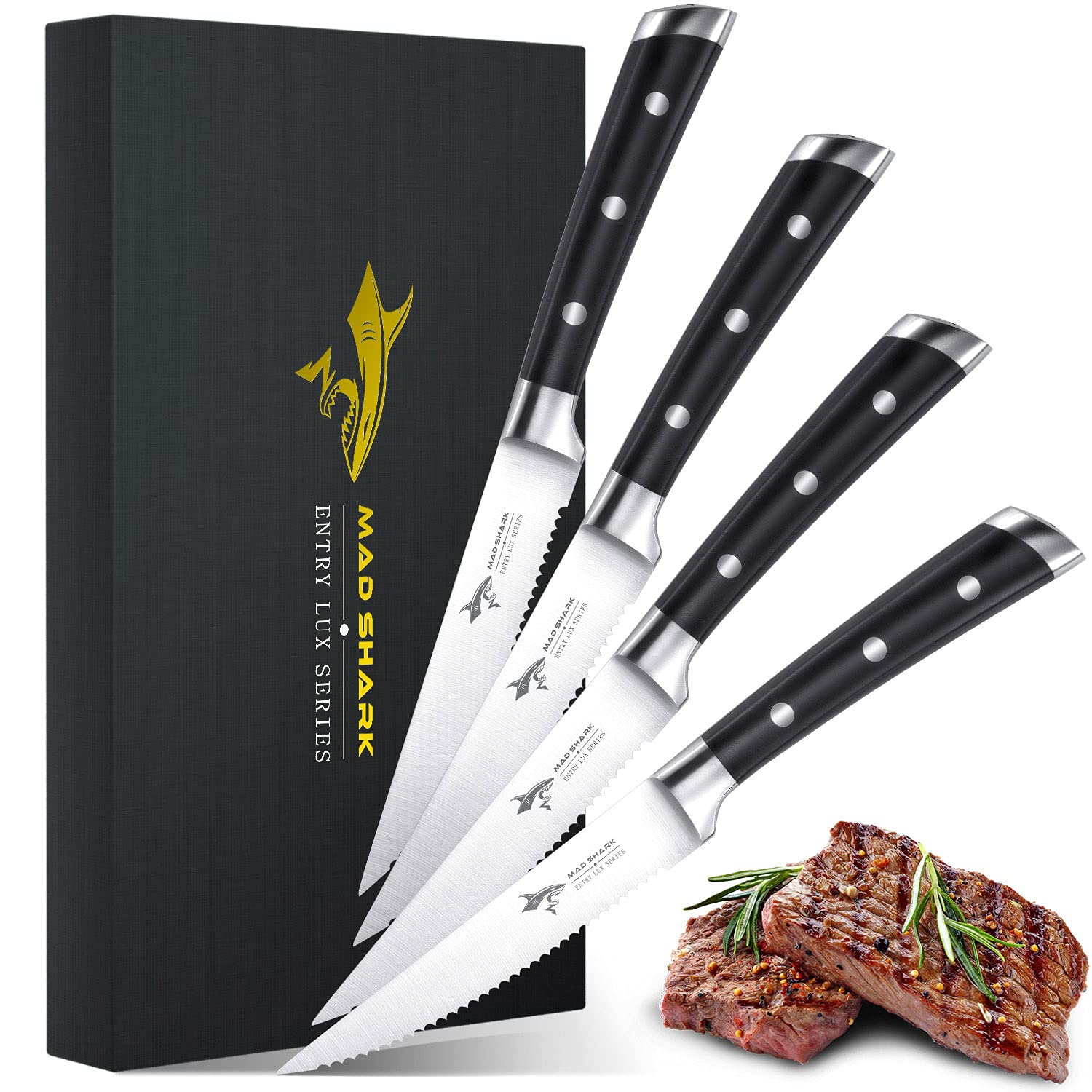 MAD SHARK Steak Knives Set of 4, Premium 4.5-inch Serrated Steak Knife Set, Ultra Sharp German High Carbon Stainless Steel Triple Rivet Collection 4-Piece Kitchen Steak Knife Set with Gift Box