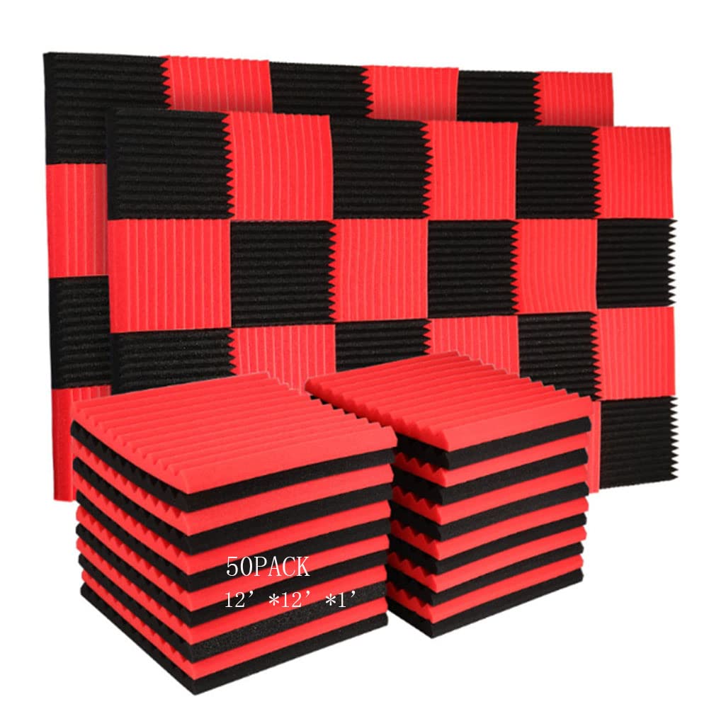 Burdurry 50 Pack Acoustic Panels Soundproof Studio Foam for Walls Sound Absorbing Panels Sound Insulation Panels Wedge for Home Studio Ceiling, 1" X 12" X 12" (50PCS, Black&Red)