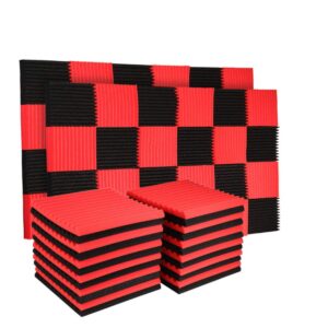 Burdurry 50 Pack Acoustic Panels Soundproof Studio Foam for Walls Sound Absorbing Panels Sound Insulation Panels Wedge for Home Studio Ceiling, 1" X 12" X 12" (50PCS, Black&Red)