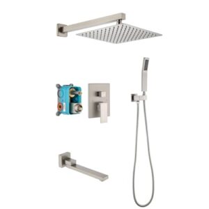 dobrass tub shower faucets set complete with pre-embedded valve, 10-inch square waterfall shower head system with handheld shower and tub spout, bathroom with bathtub, wall mounted, brushed nickel