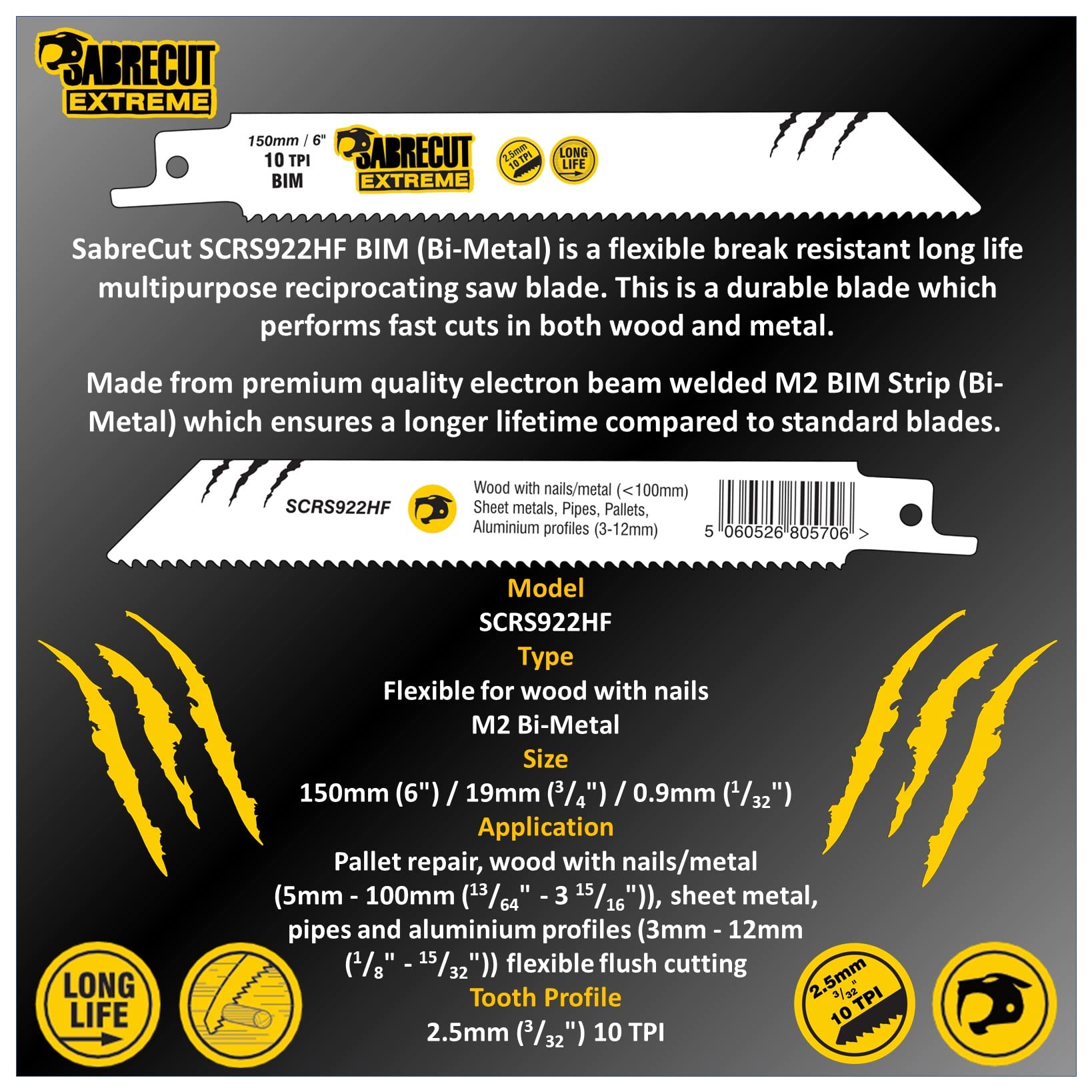 10 x SabreCut SCRS922HF_10 5 15/16" (150mm) 10 TPI S922HF Fast Wood and Metal Cutting Reciprocating Sabre Saw Blades Compatible with Bosch Dewalt Makita and many others