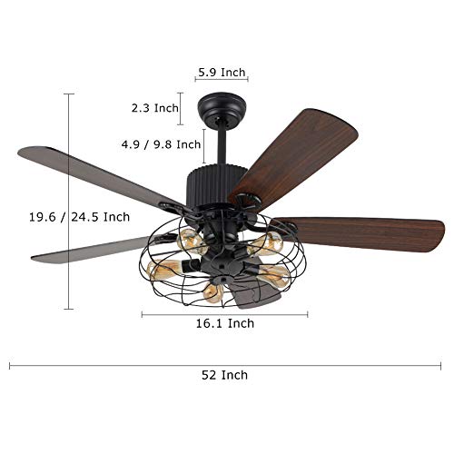 OUKANING Retro Industrial Ceiling Fan Light 52 Inch 5-Lights E27 Fixture for Restaurant Living Room Bedroom Create Iron Cage Rustic Style (52" Retro Industrial) (Retro Industria Cage)