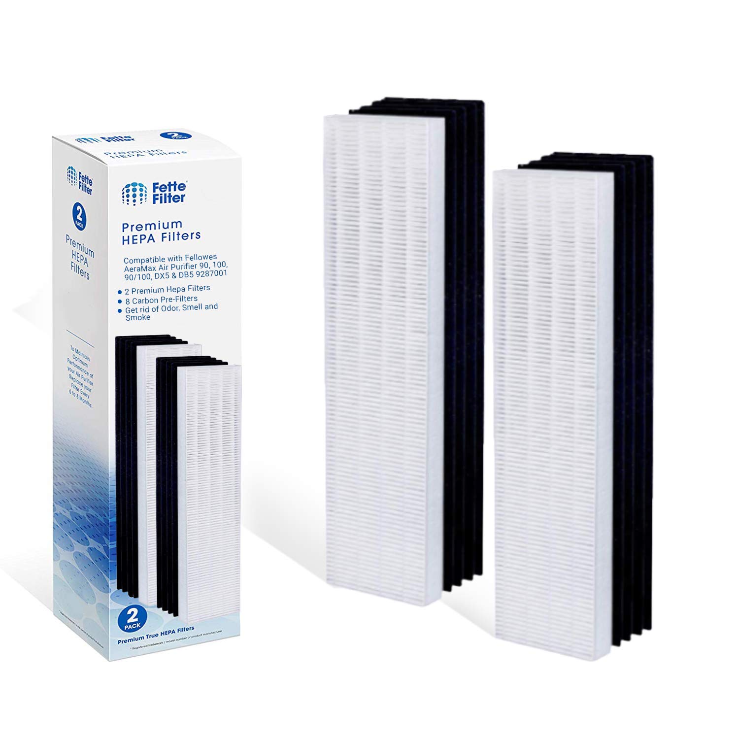 Fette Filter - Premium True Hepa H13 Replacement Filters Compatible with Fellows AeraMax 90/100 DX5 & DB5 Part # 40101701 9287001 9324001 Qty 2 True Hepa + 8 Carbon Filters.