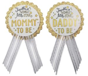 mommy to be & daddy to be pin twinkle little star baby shower pin for parents to wear, white & gold, it's a girl, it's a boy baby sprinkle