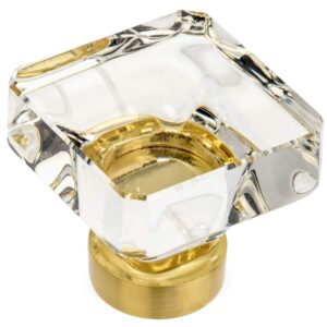 cosmas 5 pack 6377bb-c brushed brass cabinet hardware square knob with clear glass - 1-3/8" squared