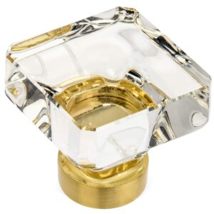 cosmas 6377bb-c brushed brass cabinet hardware square knob with clear glass - 1-3/8" squared