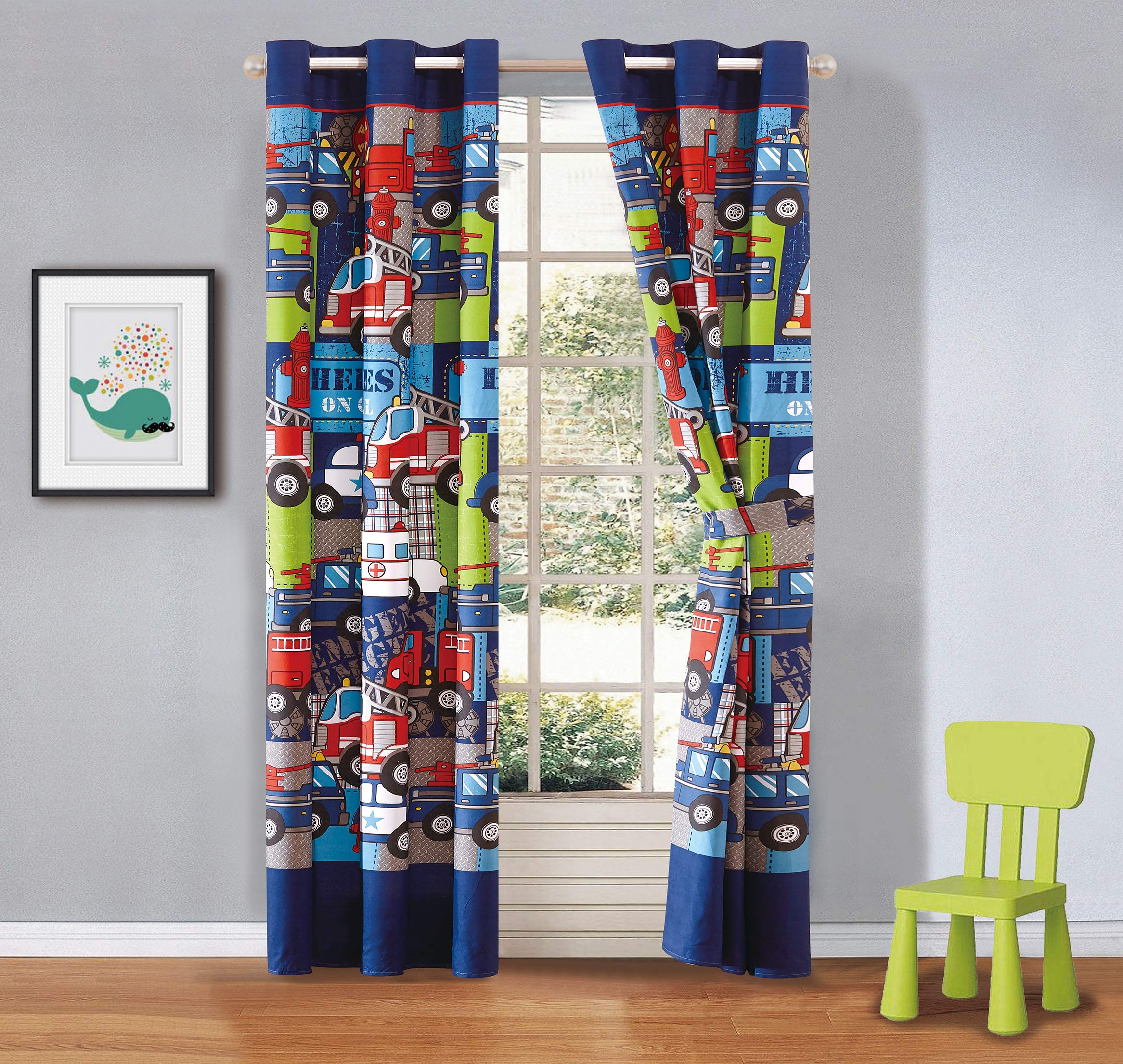 Elegant Home Multicolor Heroes First Responders Police Cars Fire Trucks Ambulances Design Boys / Kids Room Window Curtain Treatment Drapes 2 Piece Set with Grommets (Heros)