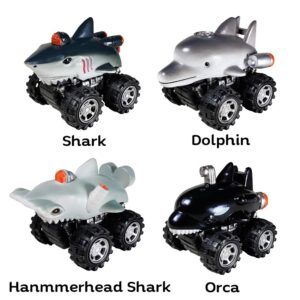 DINOBROS Shark Toys Pull Back Cars for Boys and Toddlers 4 Pack Ocean Sea Animal Truck Toy Dolphin Hammerhead Shark Killer Whale Playset Gift for 3 Years Old and Up