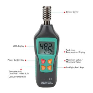 Digital Thermo Hygrometer Portable Thermometer Hygrometer Mini Temperature Humidity Meter with Dew Point and Wet Bulb Backlight LCD Display Data Hold 0-99% RH -20℃-60℃