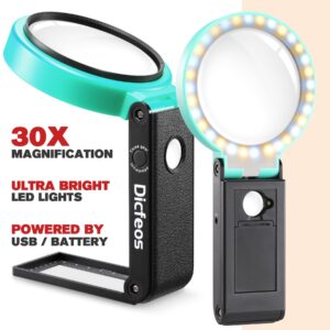 Dicfeos 30X 40X Magnifying Glass with Light and Stand, Non-Rechargeable, Folding Design 32 LED Illuminated Magnifying Glass for Close Work, Powered by Battery or USB(Green)