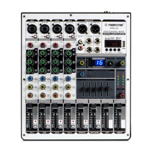 professional audio mixer, phenyx pro sound mixer w/usb audio interface, 4-channel sound board dj mixer w/stereo equalizer, 16 dsp effects, suitable for stage, live gigs, and karaoke (ptx-15)