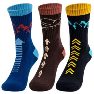 time may tell men and womens hiking socks moisture wicking cushion crew socks for terkking,outdoor sports,performance 3 pack (black,blue,brown 9''-12