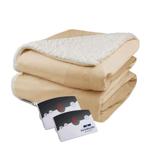 Pure Warmth Velour Sherpa Electric Blanket - Warm Twin Heating Blanket with 10 Hours Auto Shut Off and 10 Heat Settings - Linen