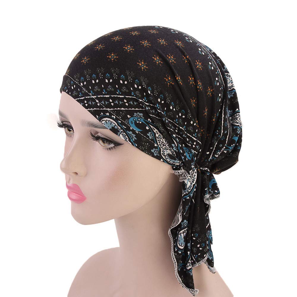 Womens Wrap Cap Boho Flower Cancer Chemo Hat Beanie Scarf Turban Head Scarf Wrap Cap Black