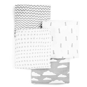 Muslin Swaddle Blankets – Soft Pure Cotton Muslin Blankets – 4 Pack of Breathable Swaddle Blankets – Unisex Baby Swaddle Blanket Set in Grey/White Designs – Multi Use Muslin Blankets – 47 x 47 inches