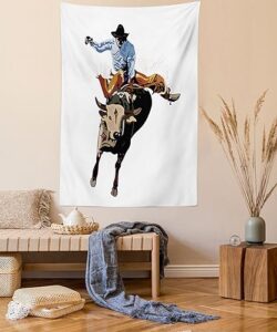 ambesonne rodeo tapestry twin size, yea haw cowboy bucking bull western sports american graphic, wall hanging bedspread bed cover wall decor, twin size, rust beige