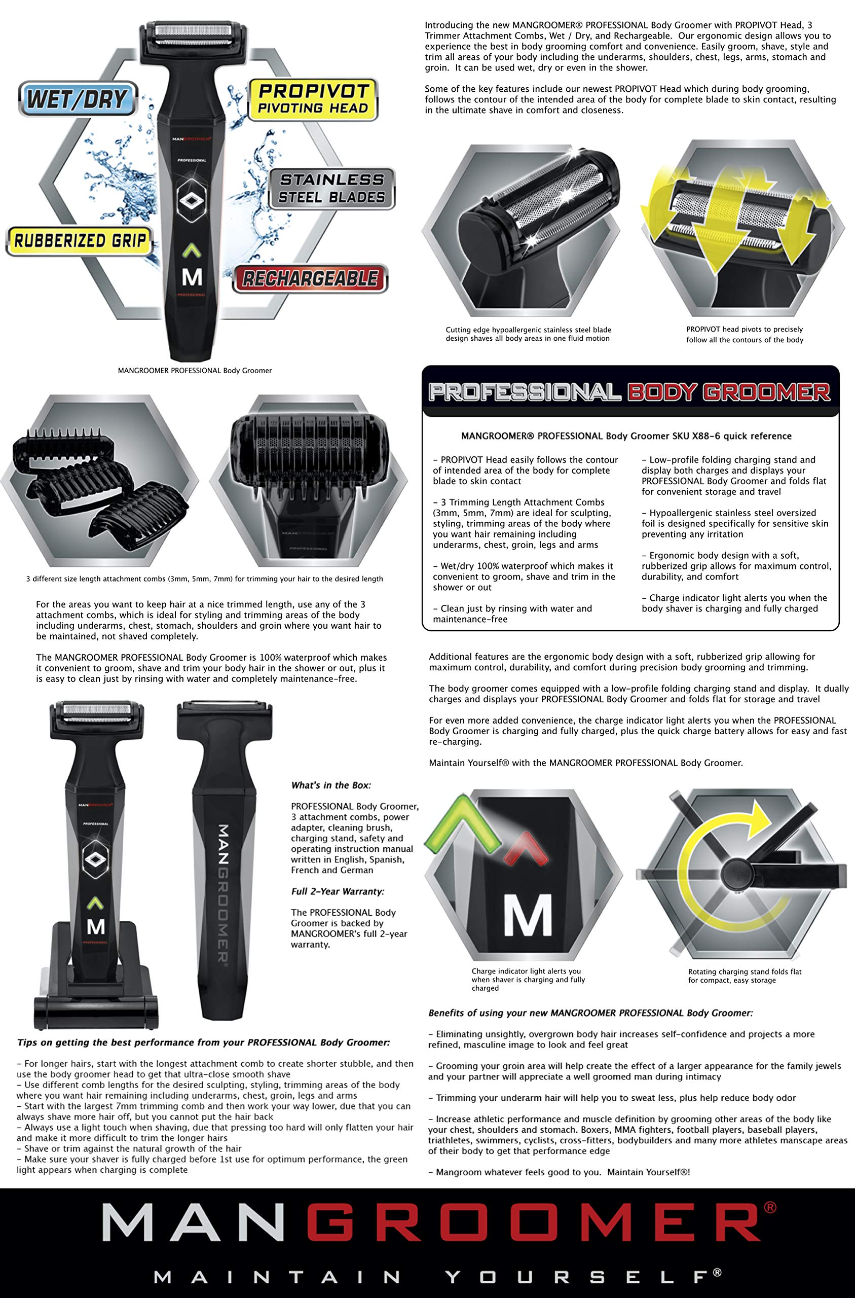 MANGROOMER 2.0 Professional Body Groomer, Ball Groomer & Body Trimmer With Propivot Flexing Head, 3 trimmer Combs, Wet/ Dry & A Free Bonus Foil!