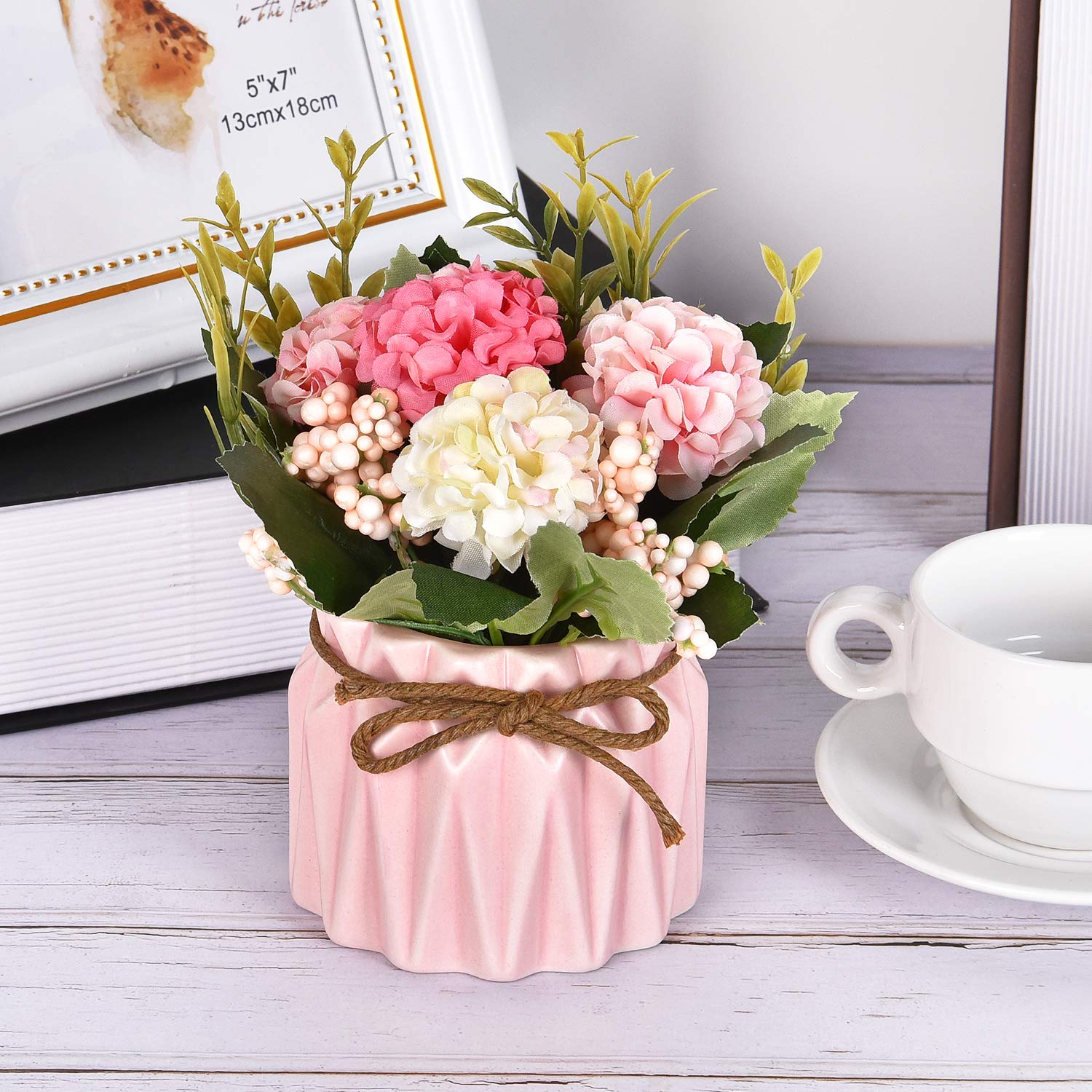 Sunm Boutique Artificial Hydrangea Bouquet with Small Ceramic Vase, Artificial Hydrangea Flower Potted Fake Variety Silk Flower Bonsai for Table Party Office Wedding Home Decor, Pink