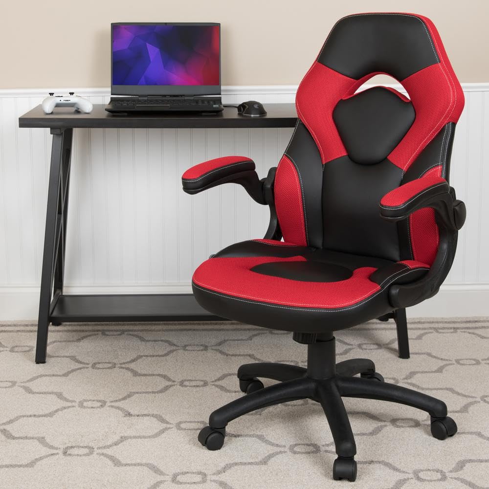 Flash Furniture X10 High-Back LeatherSoft Racing Style Gaming Chair with Flip-Up Arms, Ergonomic Padded Swivel Computer Chair, Red/Black