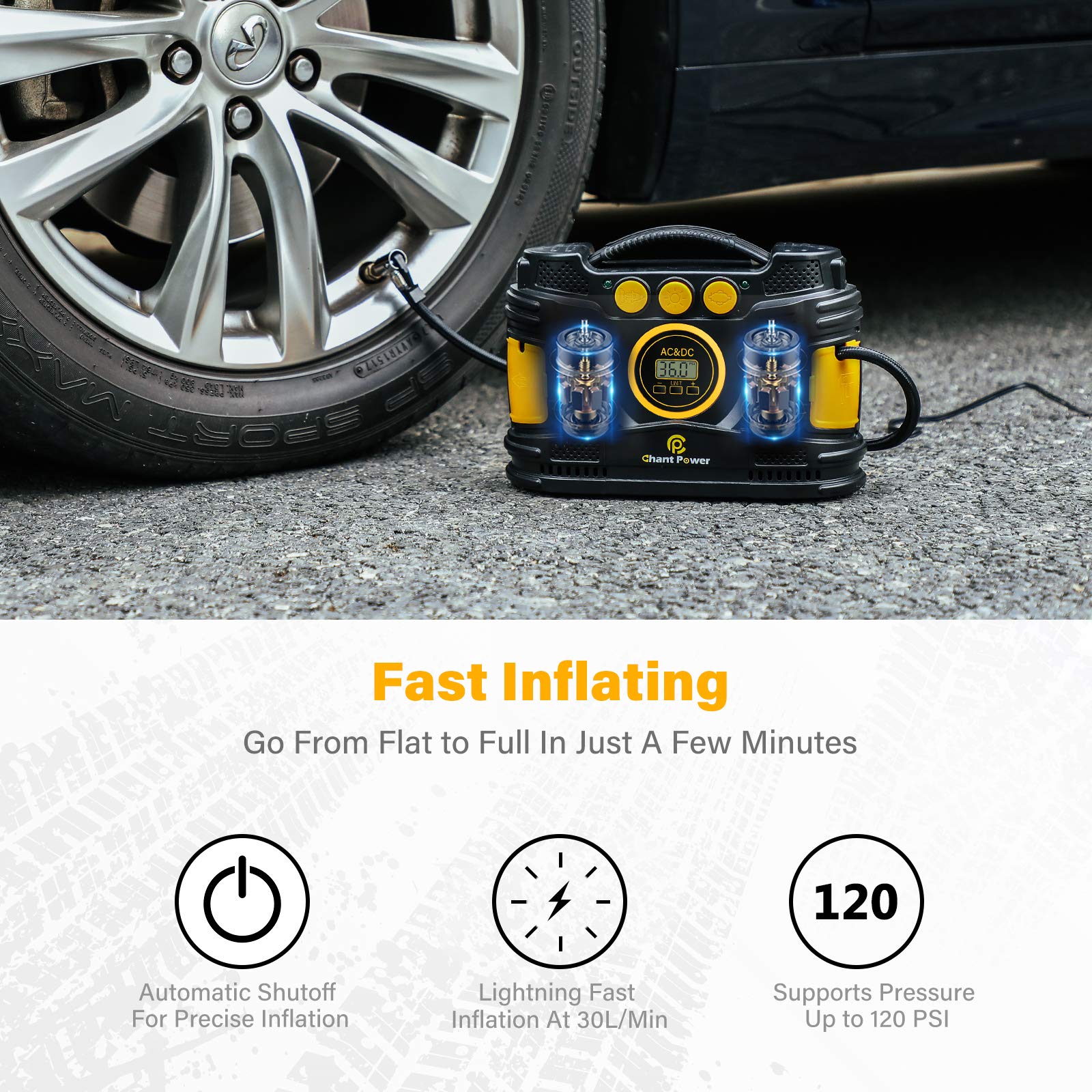 C P CHANTPOWER Air Compressor Tire Inflator, Portable 12V DC/120V AC Tire Pump Maximum120 PSI with Digital Pressure Gauge for Car Tires, Motorcycle, Bike, Balls