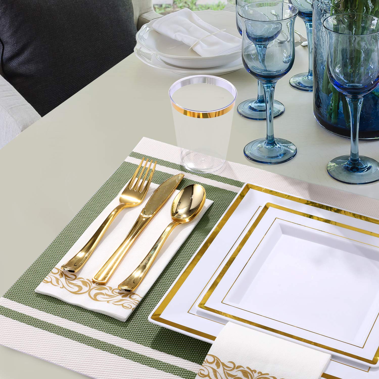 175 Piece Gold Dinnerware Set 25 Guest-50 Square Plastic Plates-25 Gold Plastic Silverware-25 Gold Plastic Cups-25 Gold Paper Napkins, FOCUSLINE Disposable Dinnerware Set