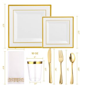 175 Piece Gold Dinnerware Set 25 Guest-50 Square Plastic Plates-25 Gold Plastic Silverware-25 Gold Plastic Cups-25 Gold Paper Napkins, FOCUSLINE Disposable Dinnerware Set