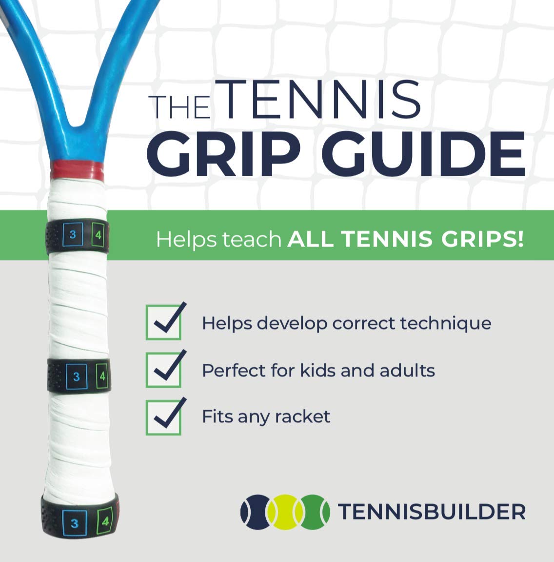 The Tennis Grip Guide by Tennisbuilder | Designed for Adults and Kids Tennis Racket | from Advanced to Beginner Tennis Players (Large, 3 Pack)