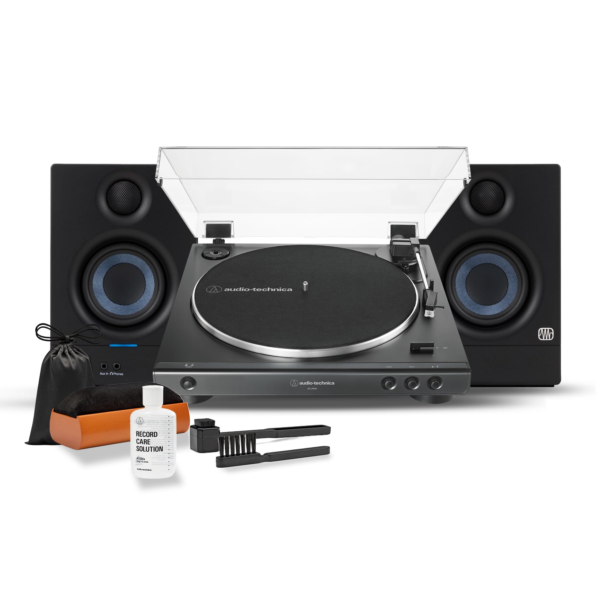 Audio-Technica AT-LP60X-BK Fully Automatic Belt-Drive Stereo Turntable Bundle with Eris 3.5 Monitors and Vinyl Cleaning Kit