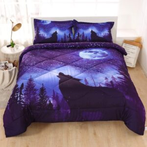 encoft wolf comforter set queen size, 3 piece vivid blue night sky howling wolf bedding comforter sets with 2 pillowcases, lightweight soft wild animal wolf comforter set for kids, boys, teen