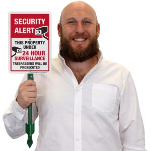 SmartSign Security Alert - This Property Under 24 Hour Surveillance, Trespassers Will Be Prosecuted Sign for Lawn | 21” Tall Stake & Sign Kit