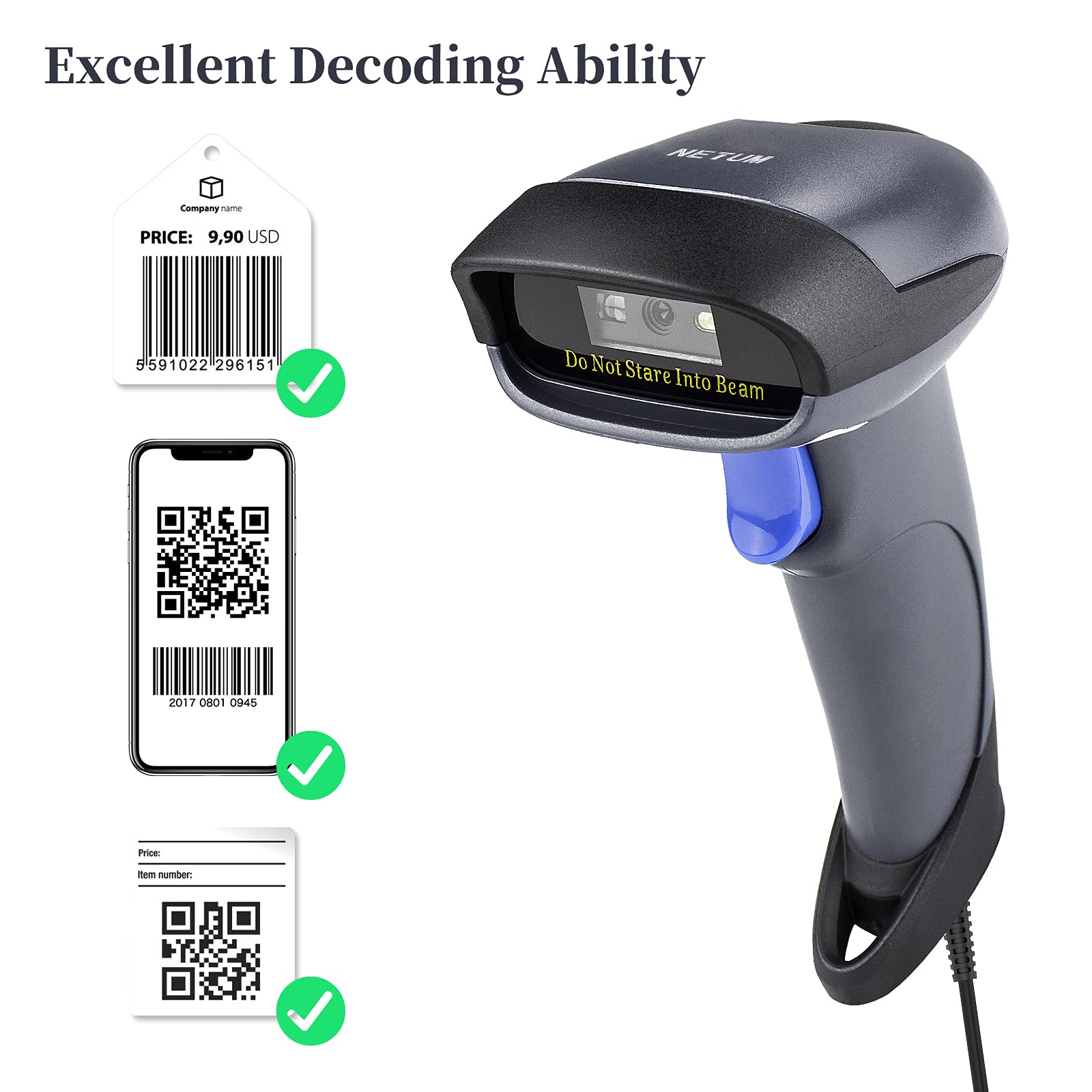 NETUM 2D Barcode Scanner with Stand USB 2.0 Wired QR Code Imager Automatic Barcode Reader Handhold Scanner Gun with USB Cable for Laptops, Computers, Cashier, POS -M5S