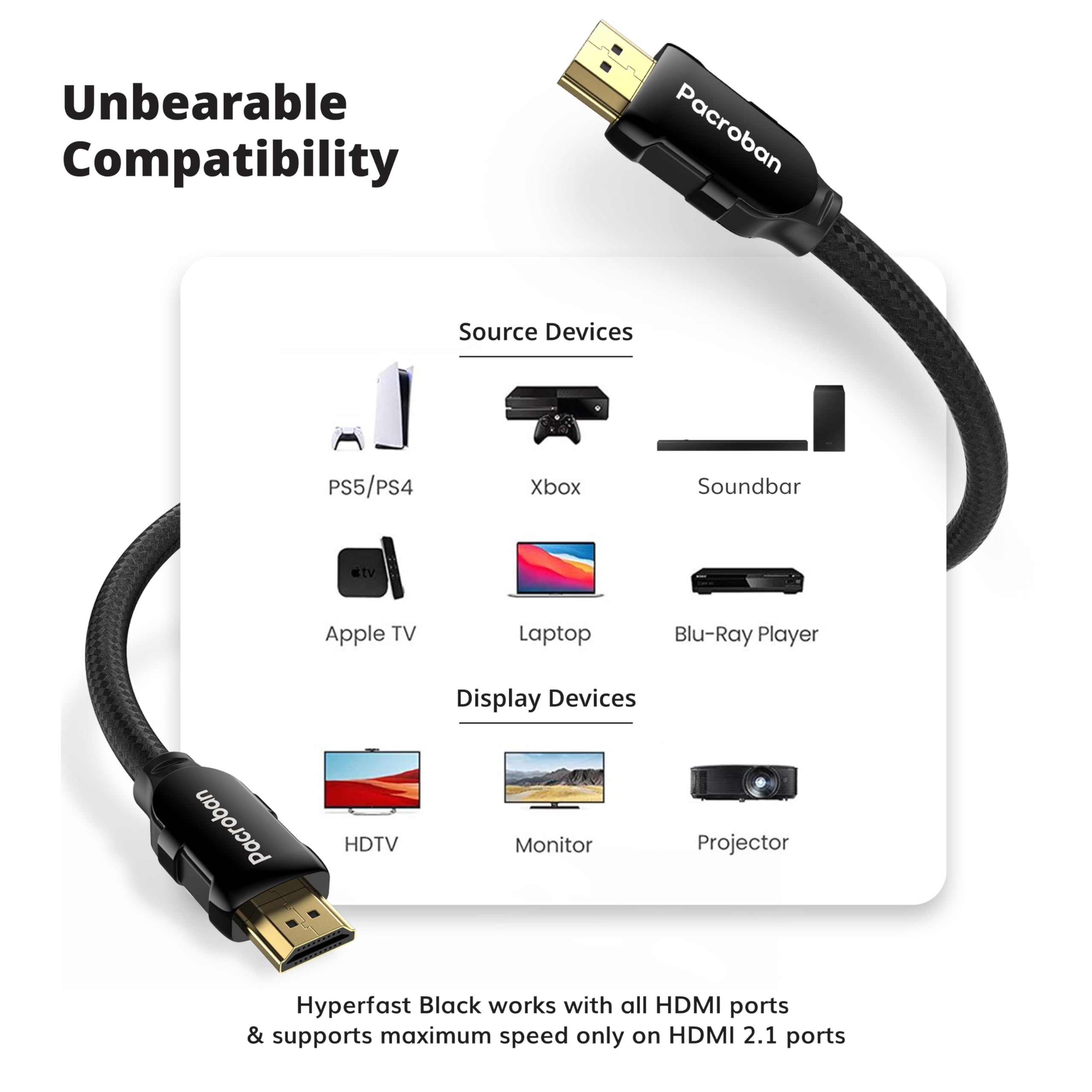 Pacroban eARC HDMI Cable 10FT Cable for Soundbars [Premium Certified Ultra High Speed] HDMI 2.1 Cord, 48Gbps, 4K 120Hz, 8K 60Hz | Dolby Atmos Audio, Dynamic HDR, HDCP, Dolby Vision, Ethernet