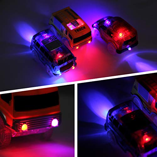 Track Cars Only, Flex Track Race Cars Replacement Glow in the Dark, Battery Operated Snap N Glow Ttrax Cars for Track Accessories with 5 Flashing LED Lights up, Compatible with Tracks for Kids (3pack)