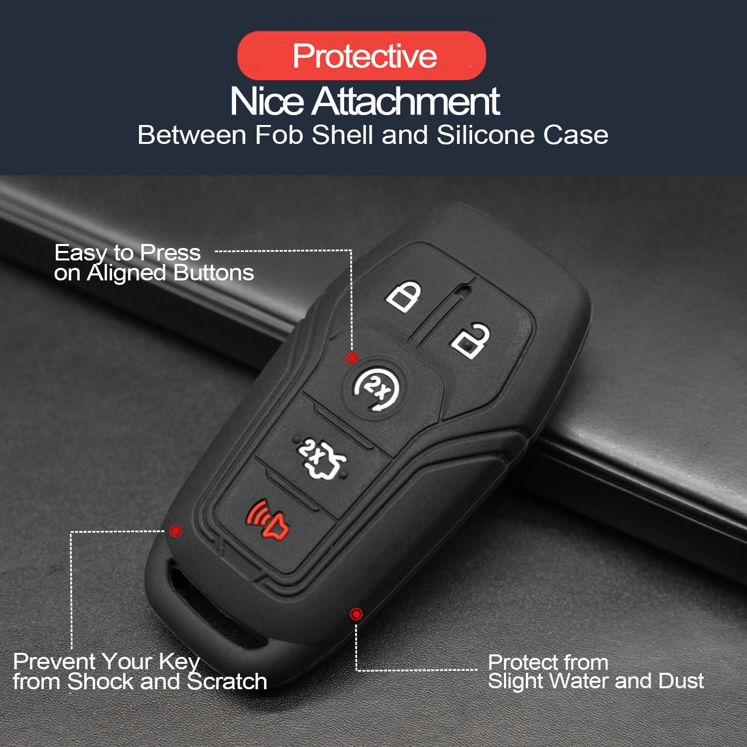 INFIPAR 2pcs Compatible with Ford Edge Fusion Explorer Mustang F-150 F-250 F-350 F-450 Super Duty Expedition Lincoln MKC MKX MKZ Nautilus Silicone Key Fob Cover Case Keychain Holder