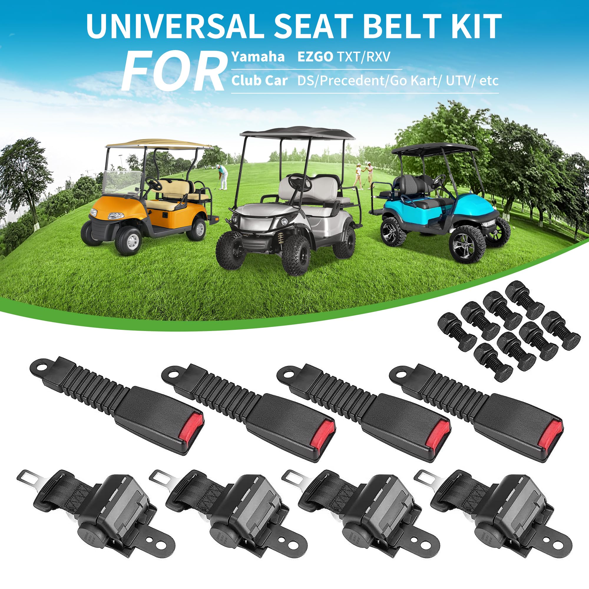 10L0L 4PCS Universal Retractable Golf Cart Seat Belt Kit for EZGO, Yamaha, Club Car, etc. Fits Front Rear Seat