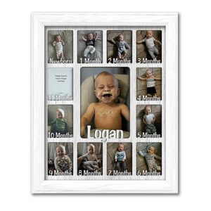 northland baby first year personalized frame - holds twelve 2.5" x 3.5" newborn nursery decor photos and 5" x 7" one year picture, white frame, white mat, customizable with any name