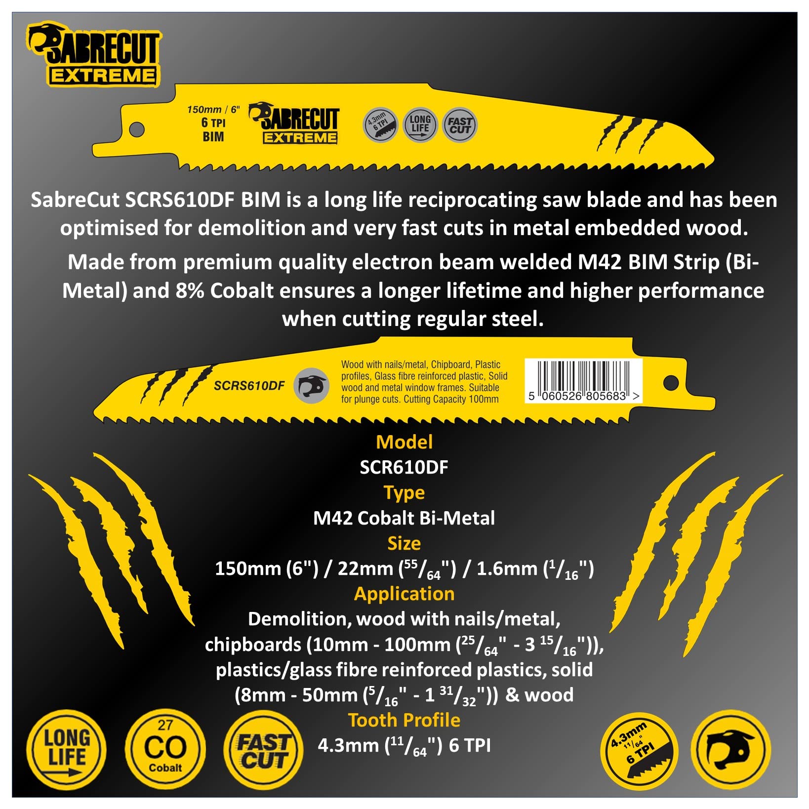 10 x SabreCut SCRS610DF_10 5 15/16" (150mm) 6 TPI S610DF Fast Wood and Metal Cutting Reciprocating Sabre Saw Blades Compatible with Bosch Dewalt Makita and many others