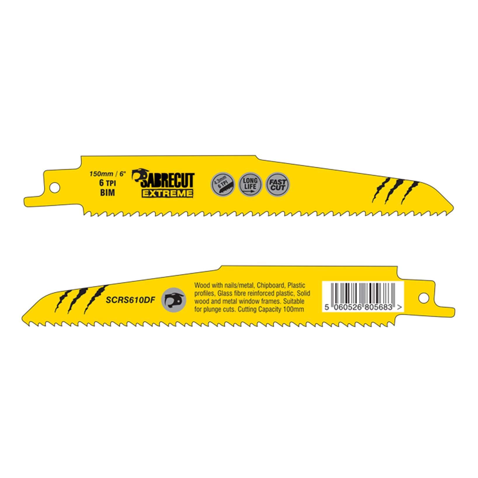 10 x SabreCut SCRS610DF_10 5 15/16" (150mm) 6 TPI S610DF Fast Wood and Metal Cutting Reciprocating Sabre Saw Blades Compatible with Bosch Dewalt Makita and many others