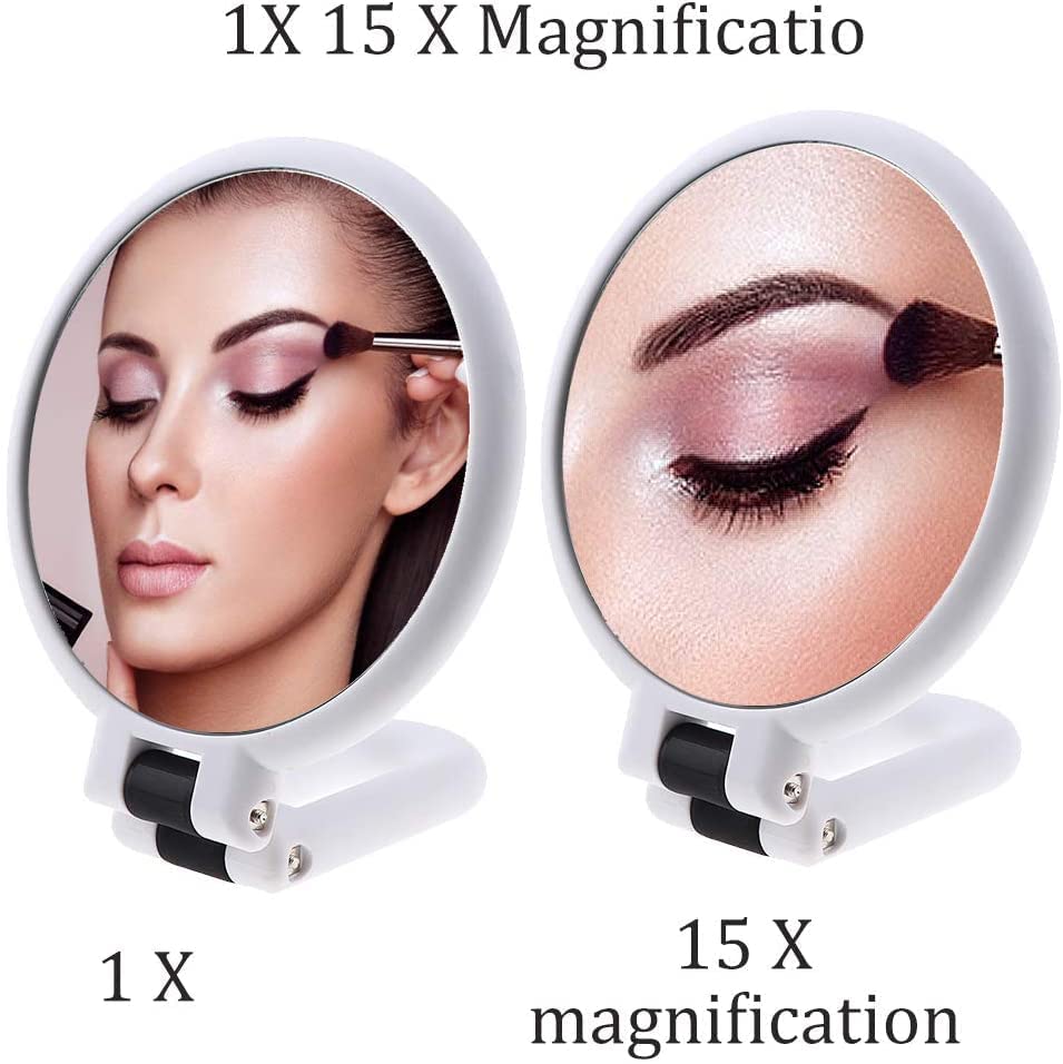 FUHUIM 1x 15x Magnifying Handheld Mirror, Double Sided Pedestal Magnification and True Image Makeup Mirror, Compact Size and Portable Vanity Cosmetic Mirror for Girl, 9.3" L x 1.9" W