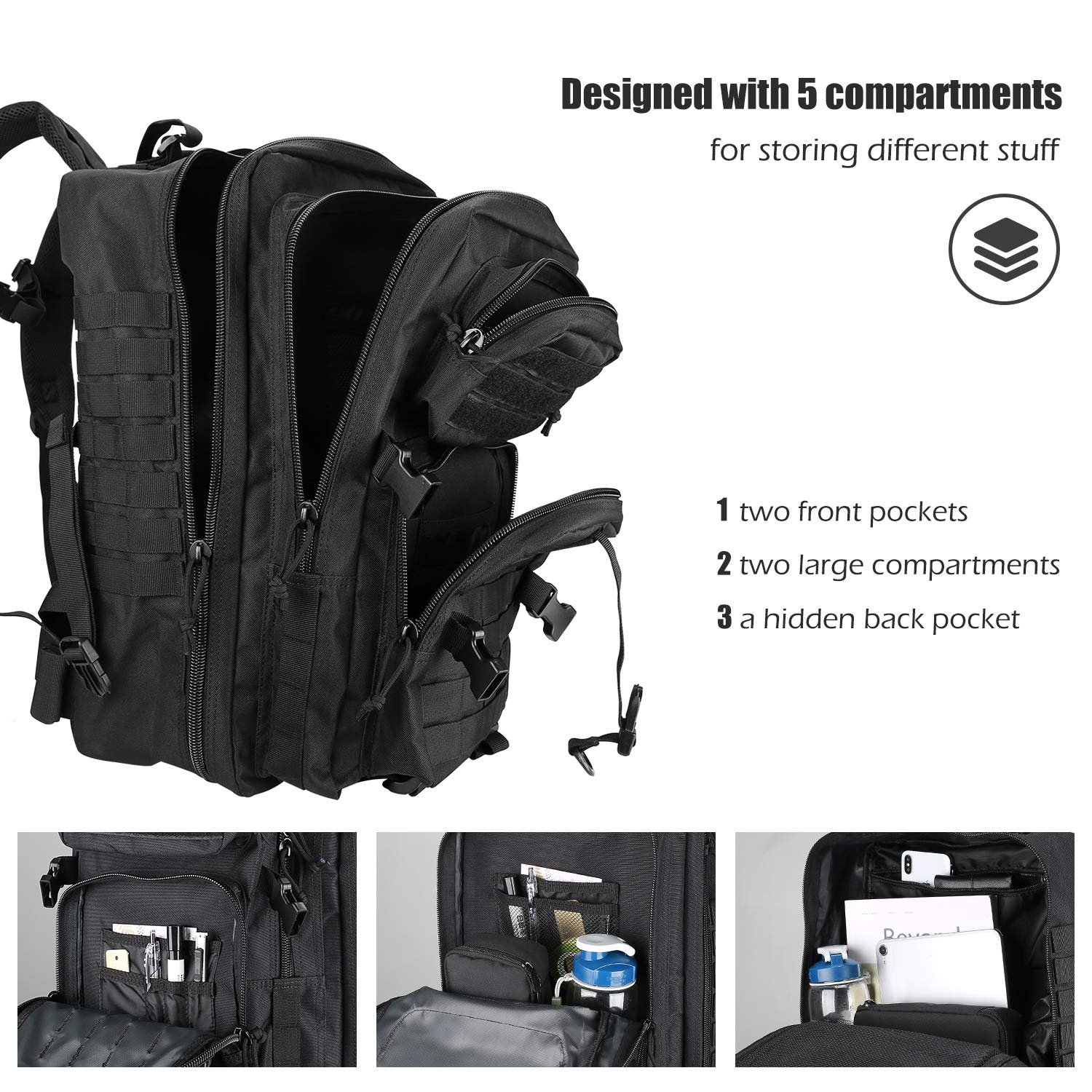 ProCase Tactical Backpack 42L Large Rucksack 3 Day Outdoor Military Army Assault Pack Go Bag Backpacks -Black